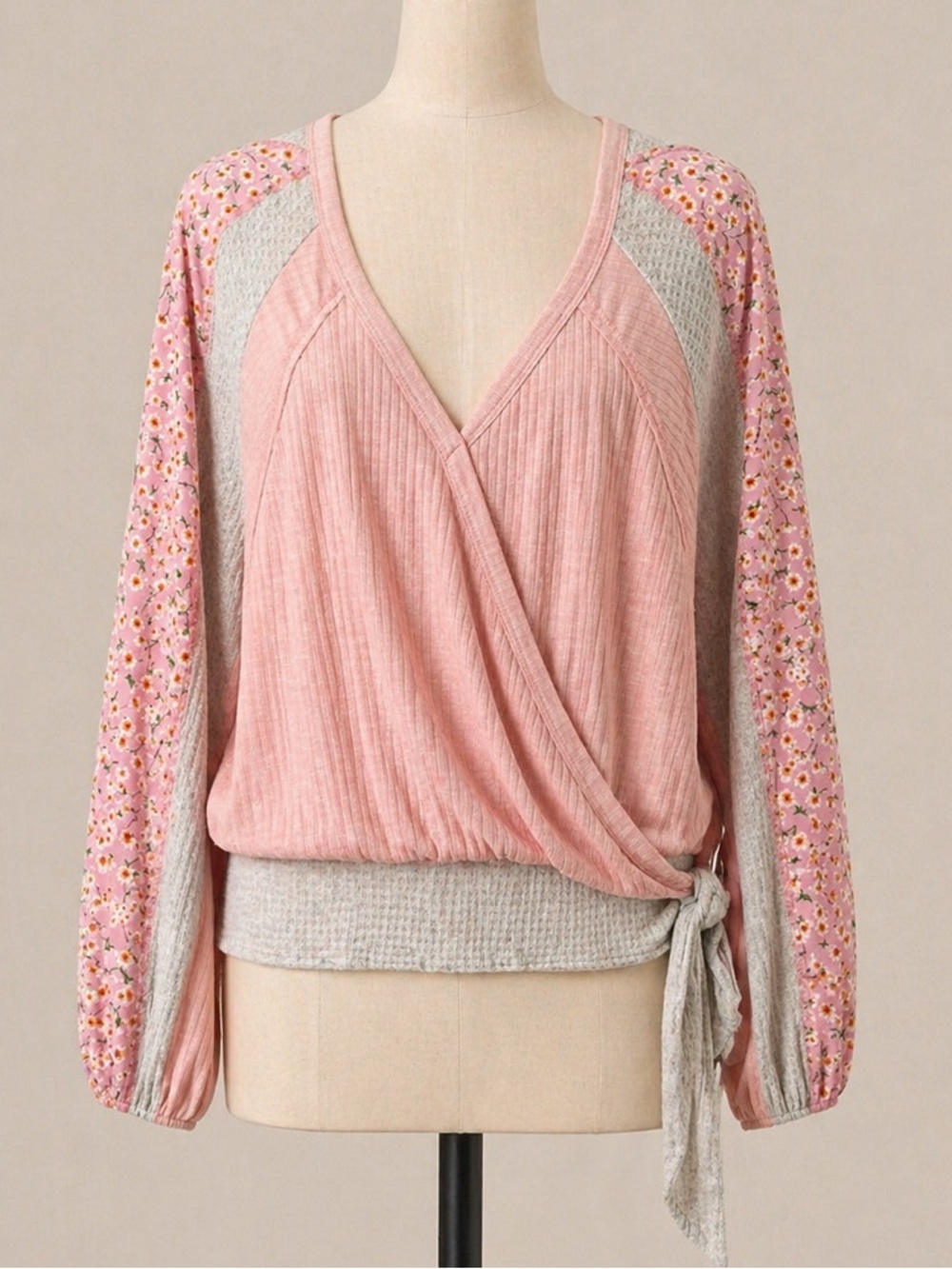 Hummingbird Pink Floral Raglan Wrap Sweatshirt with Gray Trim